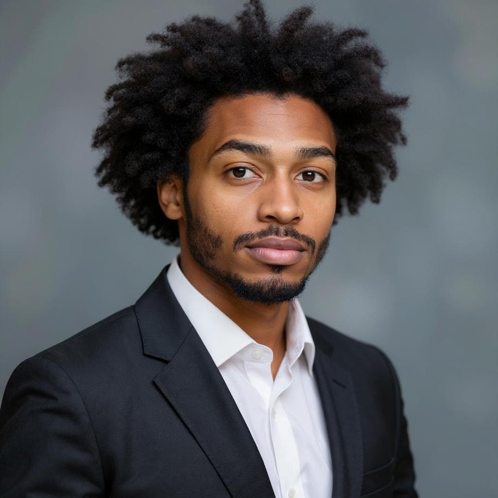 AI-generated headshot of a Black man with an afro hairstyle and beard, wearing a suit.