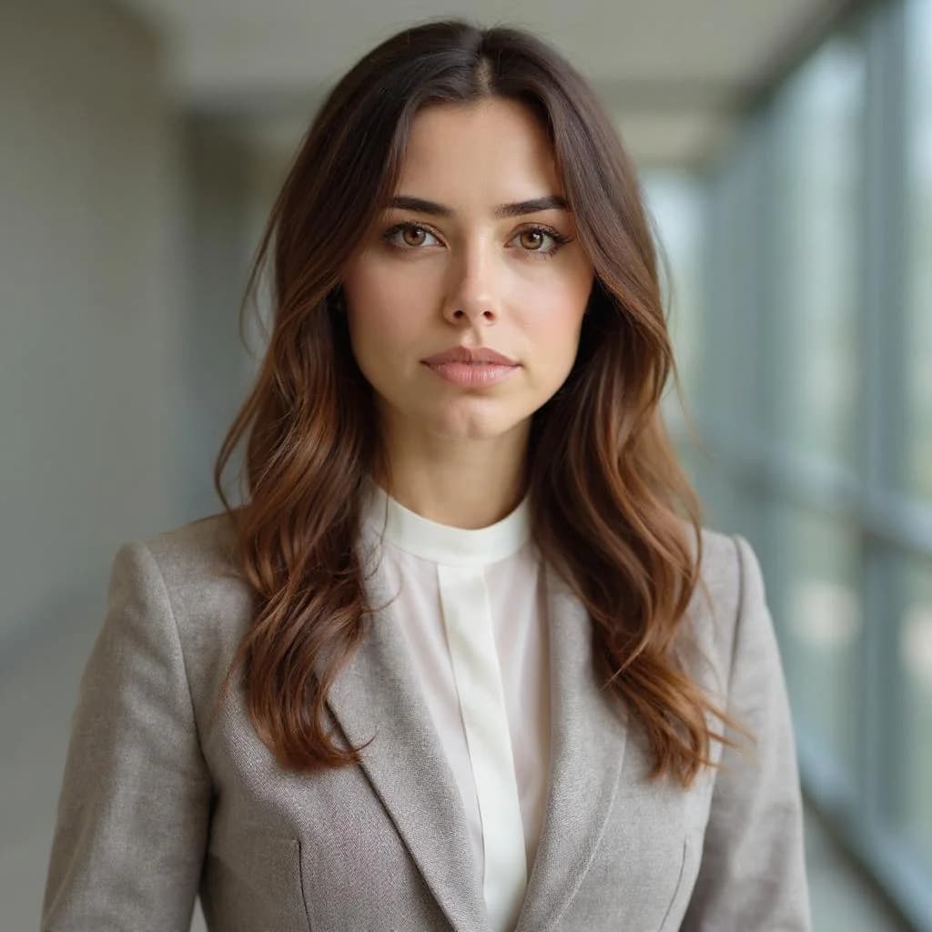 AI generated professional headshot of a woman in a grey suit, ideal for ID photos.